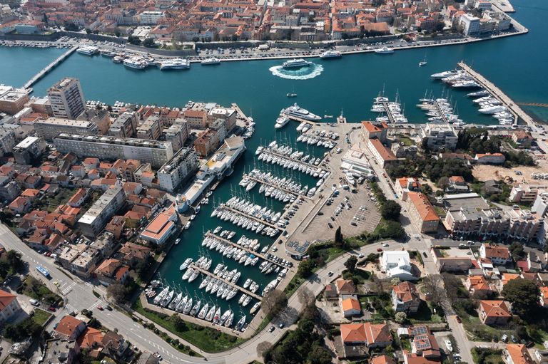 Marina Zadar with yachts moored along pontoons near the historic city waterfront